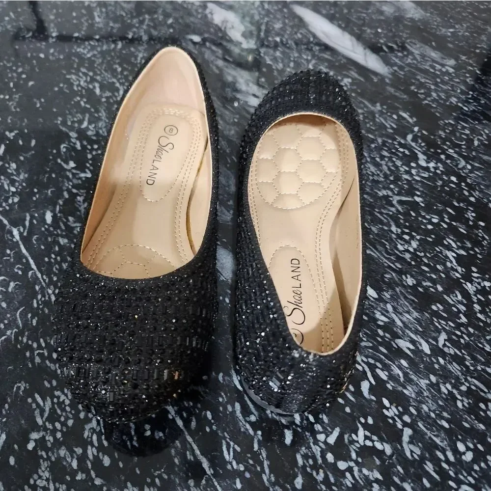 BRAND NEW SHOE LAND BLACK RHIENSTONE SLIP-ON WOMEN